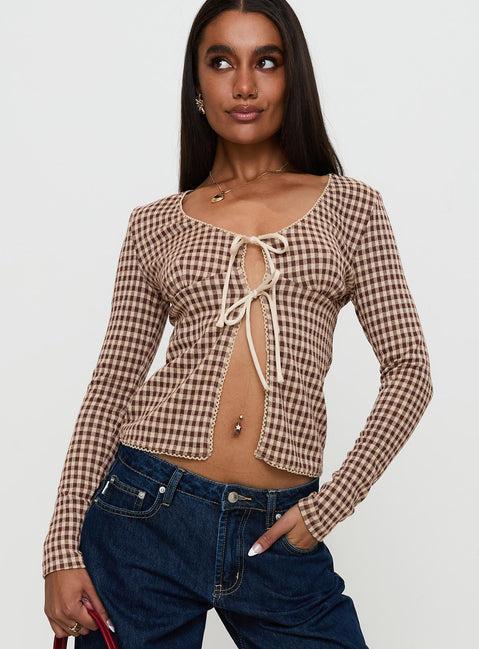 Maemi Long Sleeve Tie Up Top Brown Check Product Image