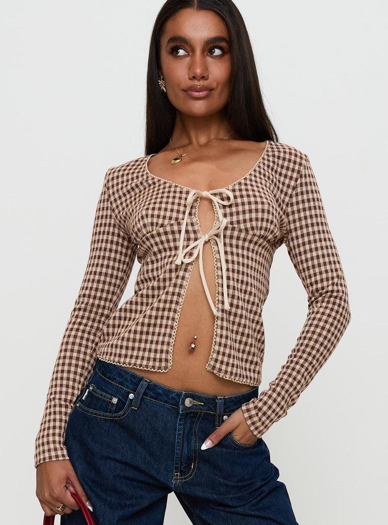 Maemi Long Sleeve Tie Up Top Brown Check Product Image