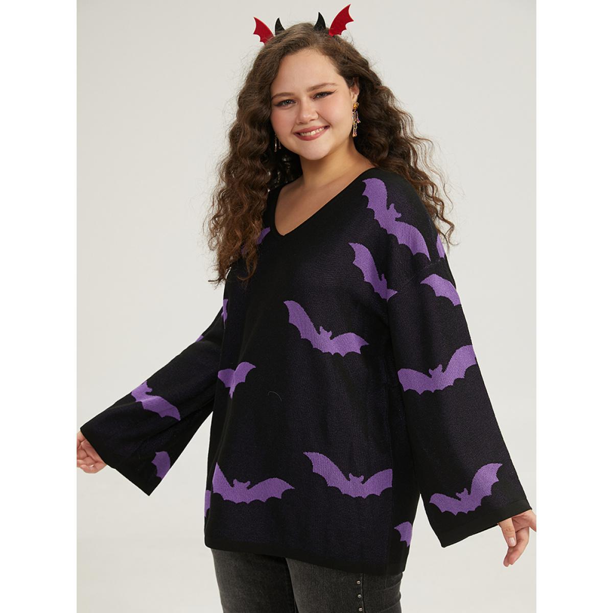 Plus Size Halloween V Neck Bell Sleeve Pullover Mauve Women Casual Loose Long Sleeve V-neck Dailywear Pullovers BloomChic 30/6X Product Image