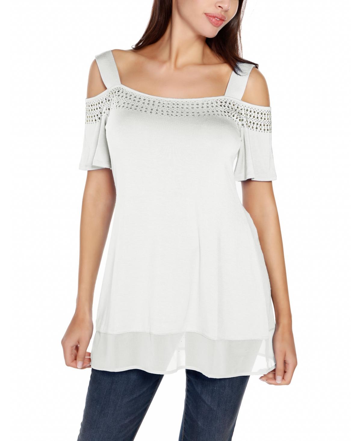 Belldini Womens Embellished Cold-Shoulder Top Product Image