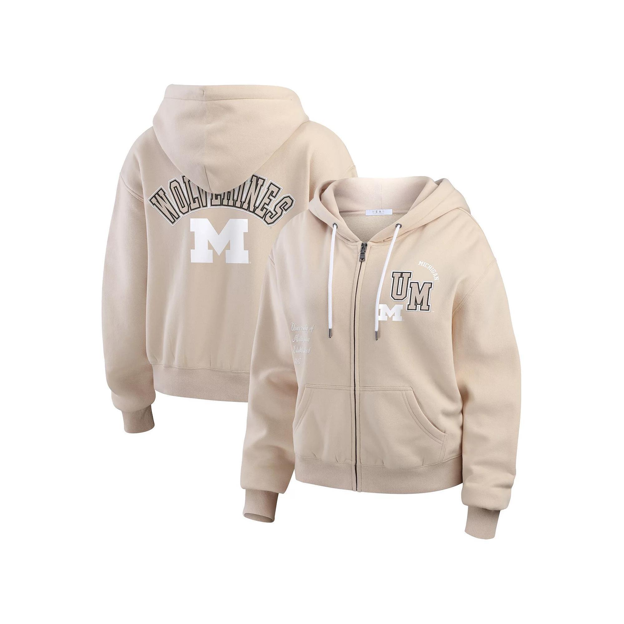 Women's WEAR by Erin Andrews Tan Michigan Wolverines Mixed Media Tonal Full-Zip Hoodie, Size: Medium, Team Product Image