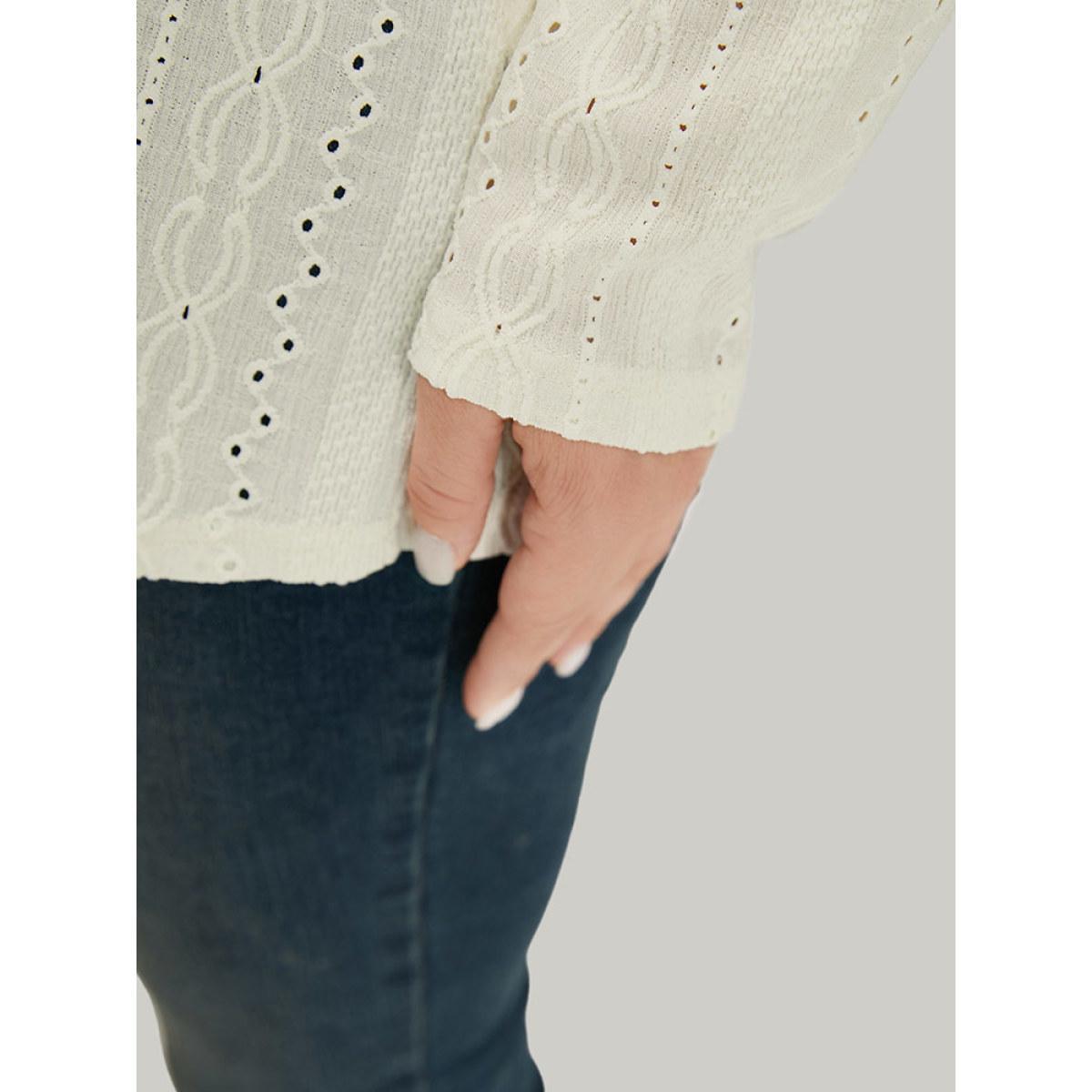 Plus Size Lace Patchwork V Neck Broderie Anglaise T-shirt Ivory Women Elegant Texture Plain V-neck Dailywear T-shirts BloomChic 12/L Product Image