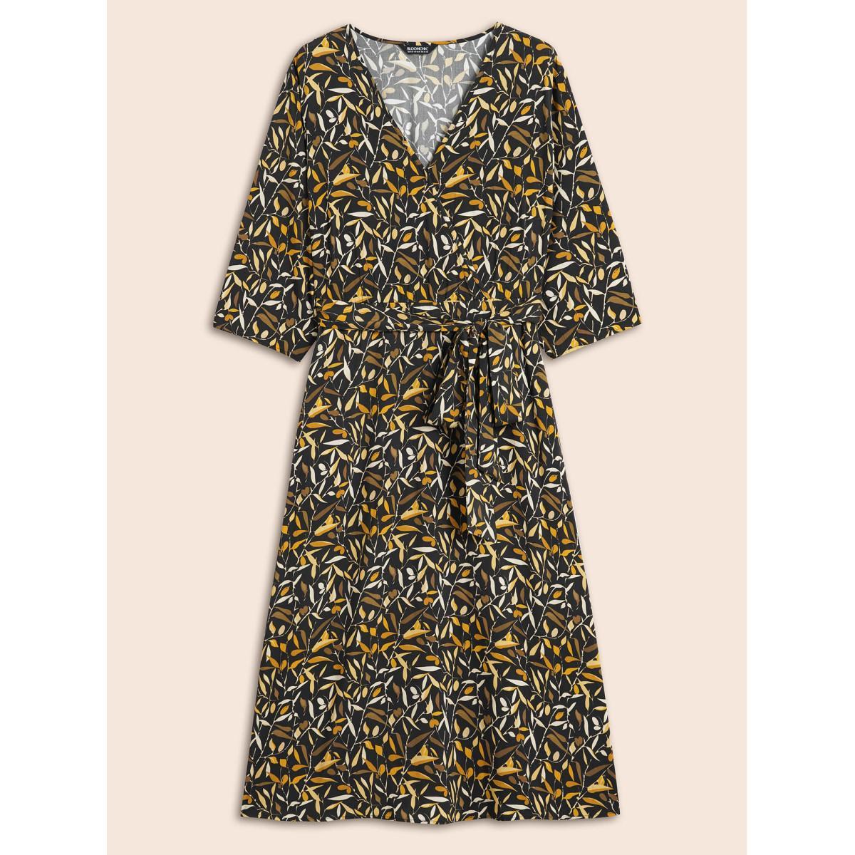 Plus Size Plants Print Overlap Collar Midi Dress Black Women Elegant Belted Overlap Collar Elbow-length sleeve Curvy BloomChic 14-16/1X Product Image