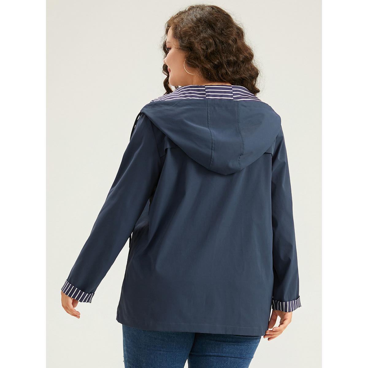 Plus Size Striped Patchwork Zipper Pocket Drawstring Coat Women DarkBlue Casual Contrast Ladies Everyday Winter Coats BloomChic 12/L Product Image