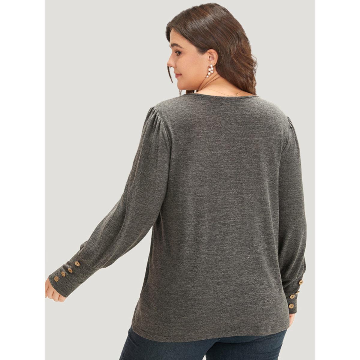 Plus Size Plain Heather Elastic Cuffs Button Detail T-shirt Gray Women Casual Elastic cuffs Plain V-neck Dailywear T-shirts BloomChic 10/M Product Image