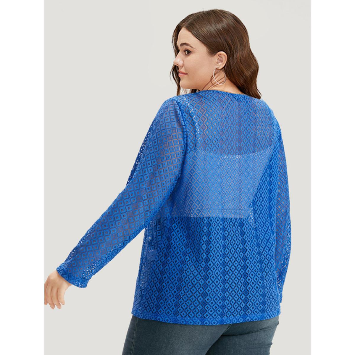 Plus Size Plain Knot Lace Mesh Hollow Out Jacket Women Blue Plain Dailywear Jackets BloomChic 18-20/2X Product Image
