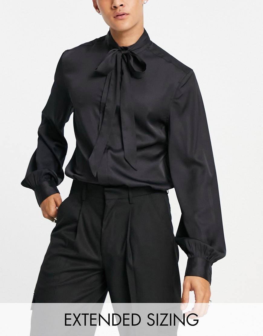 ASOS DESIGN satin regular shirt with tie neck and blouson volume sleeve Product Image