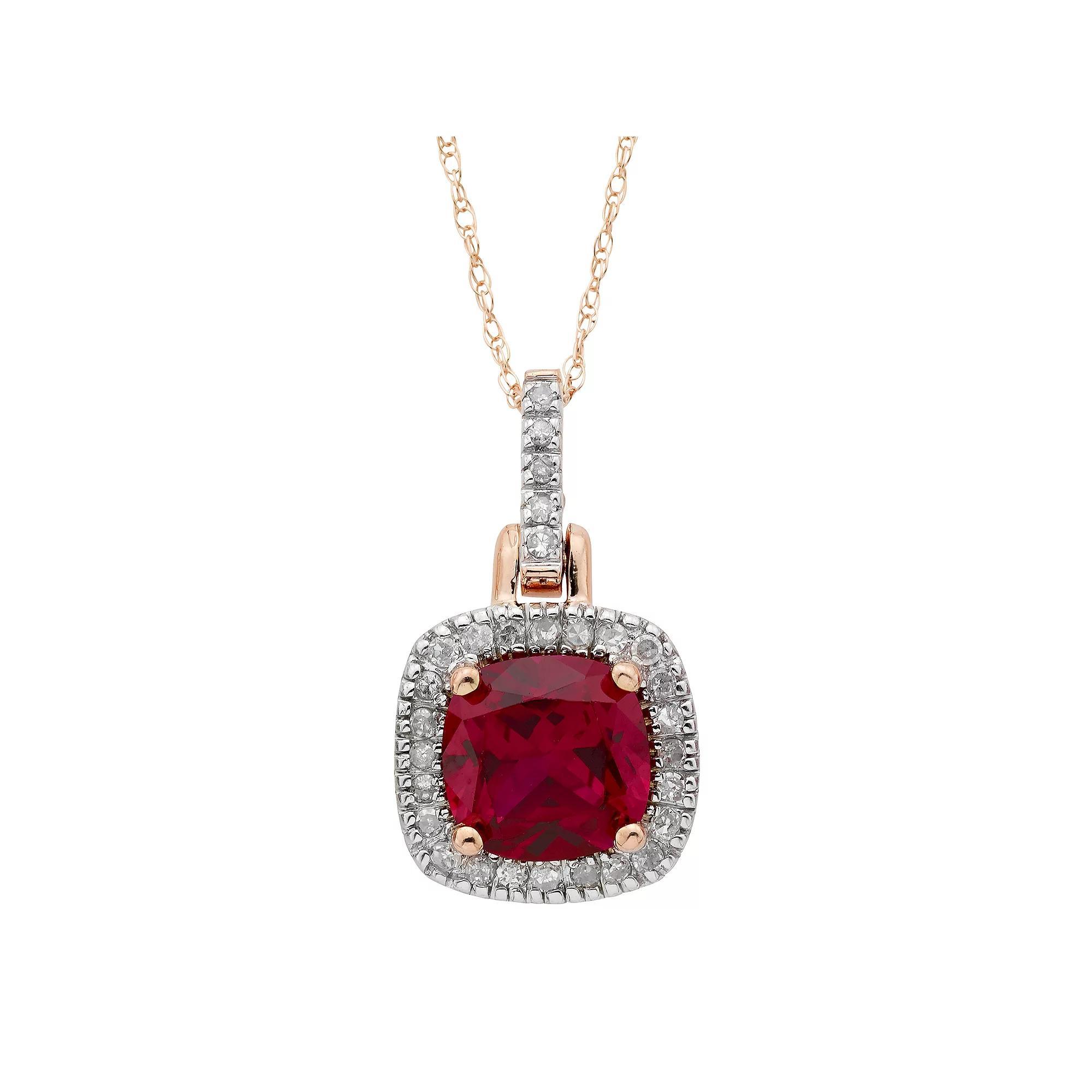 10k Gold Lab-Created Ruby & 1/8 Carat T.W. Diamond Halo Pendant Necklace, Womens Yellow Product Image