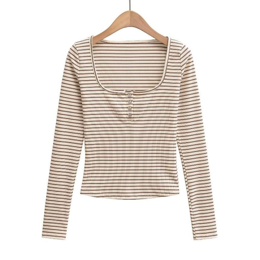 Long-Sleeve Square-Neck Striped Henley T-Shirt Product Image