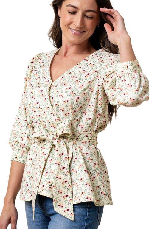 Hope & Henry Women's Puff Sleeve Wrap Top in Ivory And Navy Windowpane at Nordstrom, Size 4 Product Image
