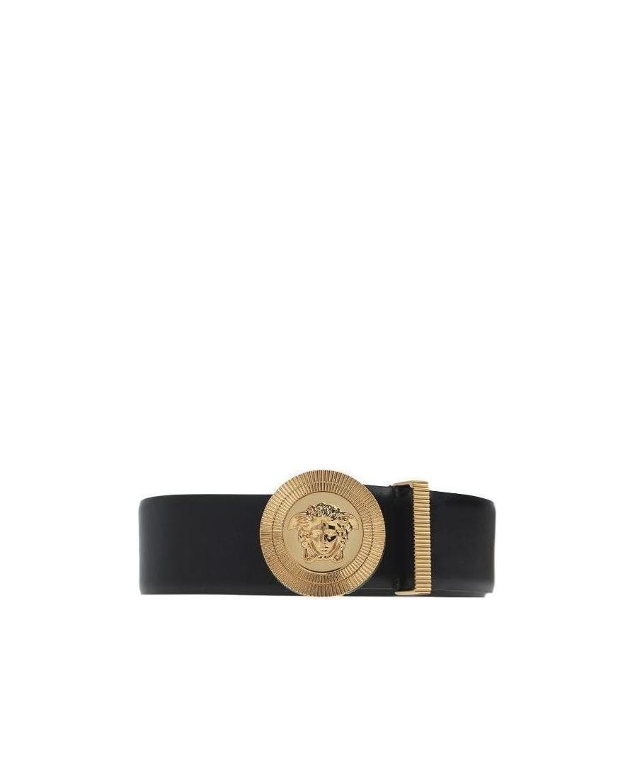 VERSACE Medusa Streamlined Leather Belt With Adjustable Length And Gold-tone Buckle In Black Product Image