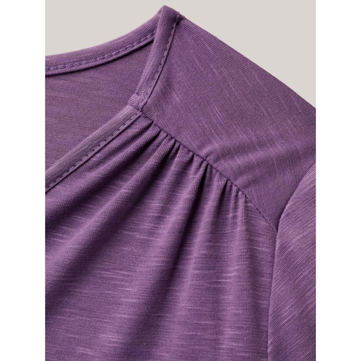 Plus Size Bamboo Textured Pleated Shoulder Button T-Shirt Mauve Women Elegant Gathered V-neck Everyday T-shirts BloomChic 28/5X Product Image