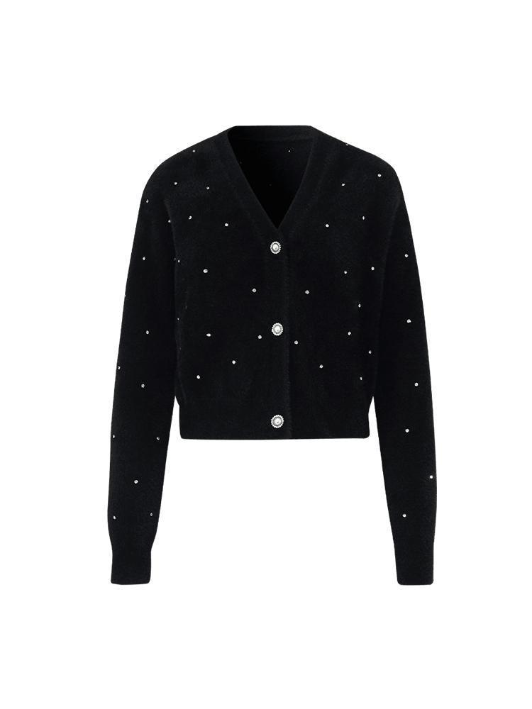 Black V-Neck Rhinestone Knitted Women Cardigan Product Image