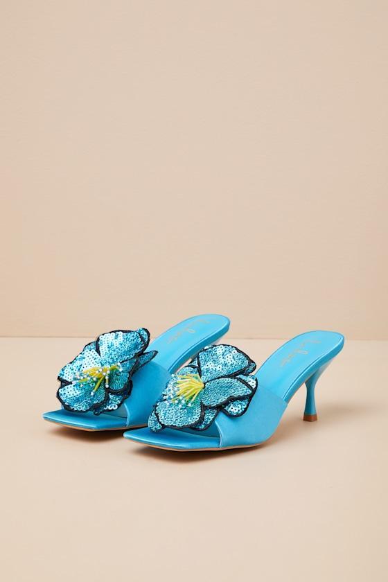Lumena Turquoise Satin Flower High Heel Slide Sandals Product Image