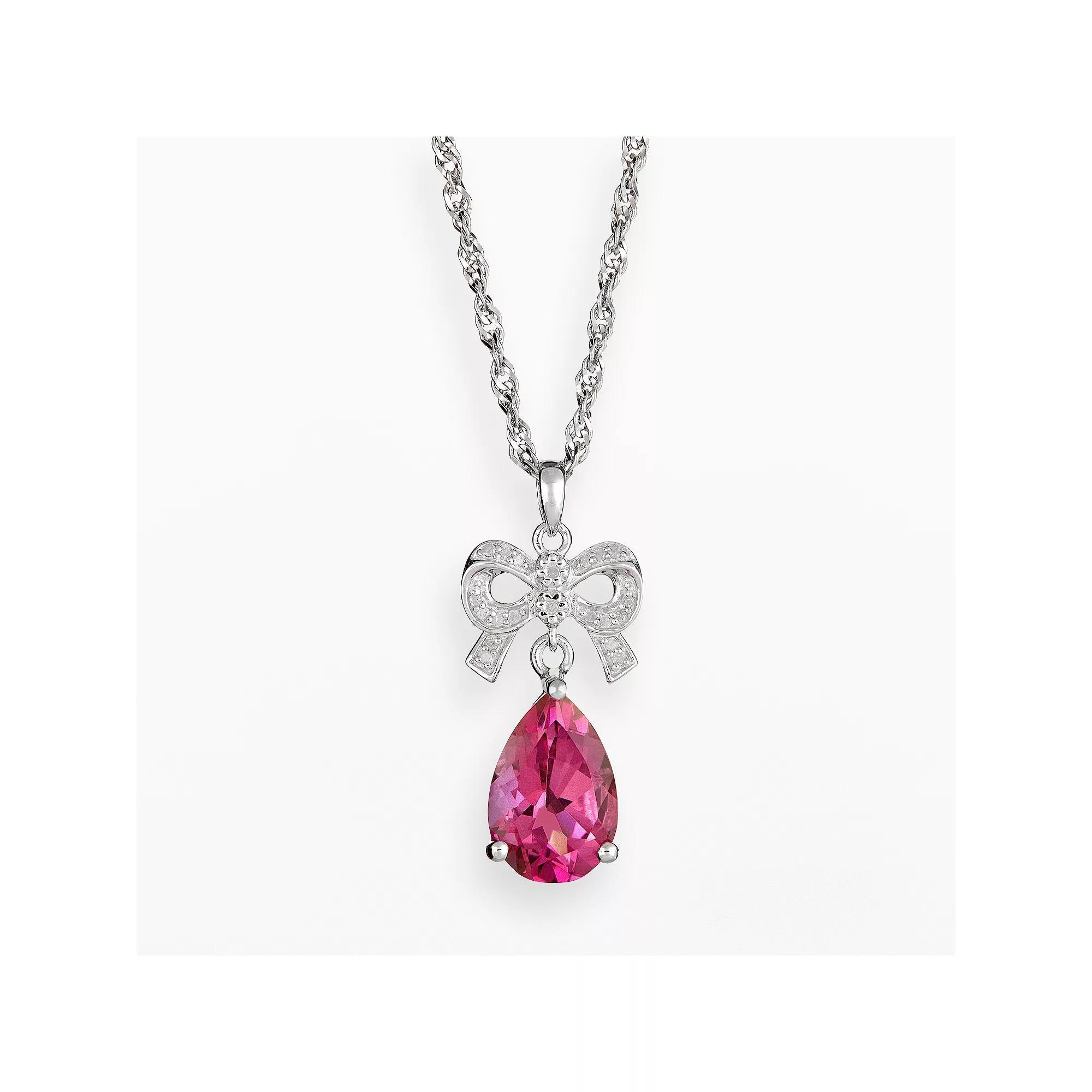 Celebration Gems Sterling Silver Pink Topaz and Diamond Accent Bow Pendant, Women's, Size: 18" Product Image