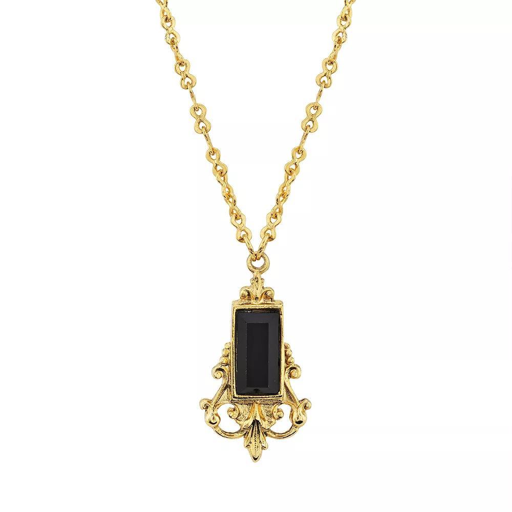 1928 Gold Tone Black Simulated Stone Filigree Pendant Necklace, Womens Product Image