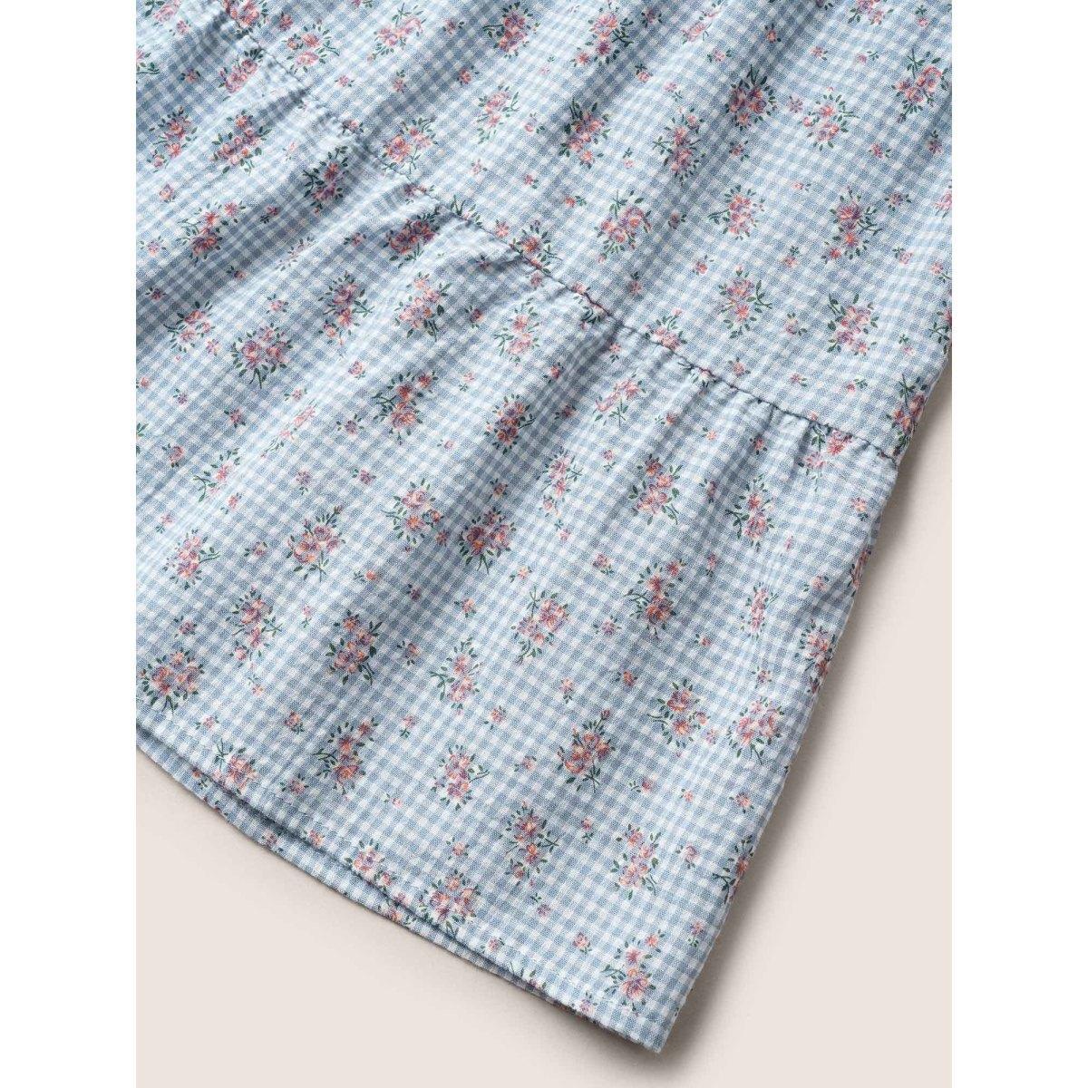 Plus Size LightBlue Gingham Ditsy Floral Ruffle Cap Sleeve Blouse Women Casual Cap Sleeve V-neck Everyday Blouses BloomChic 28/5X Product Image