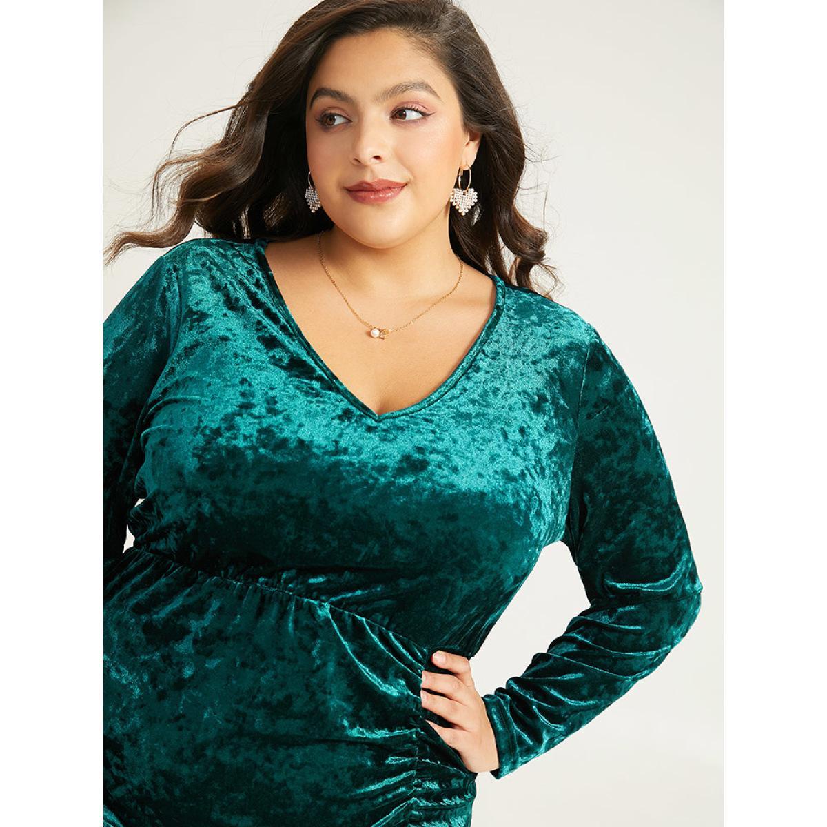 Plus Size Velvet Solid Ruched Long Sleeve Dress DarkGreen Women Glamour Gathered V-neck Long Sleeve Curvy Midi Dress BloomChic 22-24/3X Product Image