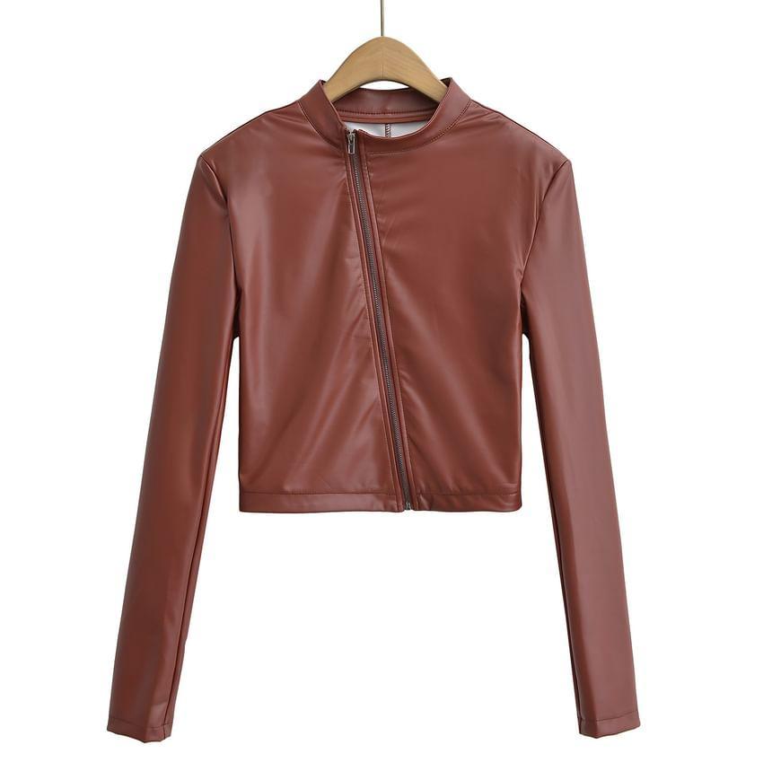 Faux Leather Asymmetrical Zip Jacket Product Image