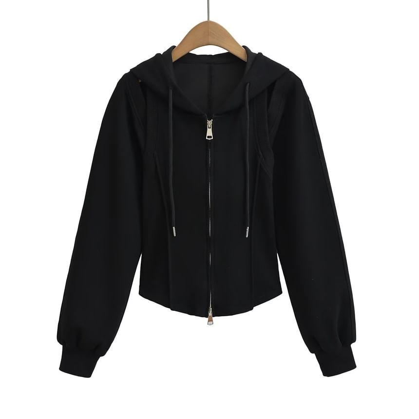 Plain Cutout Cropped Zip Up Hoodie Product Image
