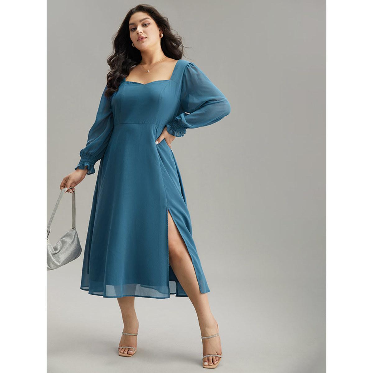 Plus Size Chiffon Square Neck Shirred Lantern Sleeve Split Hem Dress Aegean Women Glamour Plain Square Neck Long Sleeve Curvy Midi Dress BloomChic 10/M Product Image