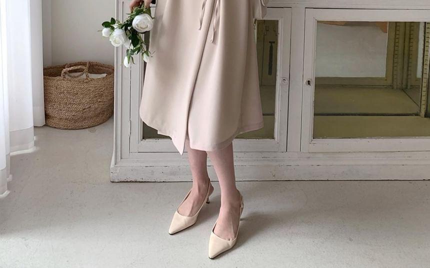 Long-Sleeve V-Neck Plain Tie Waist Midi A-Line Dress Product Image