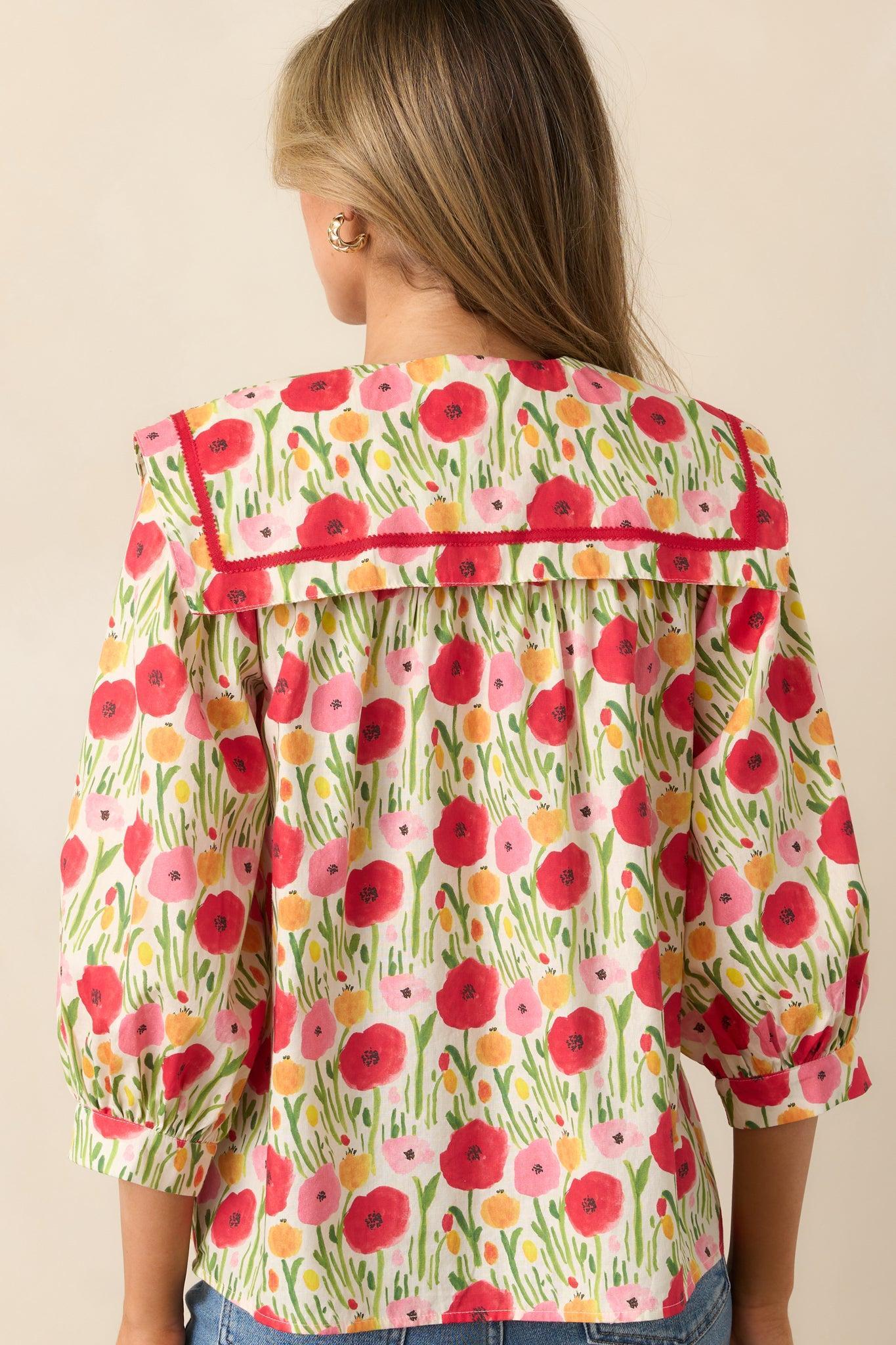 Morning Delight Cotton Red Button Front Blouse Product Image