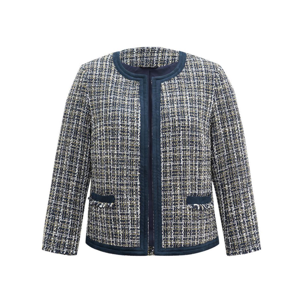 Plus Size Tweed Patchwork Contrast Pocket Jacket Women Indigo Texture Pocket Work Jackets BloomChic 22-24/3X Product Image