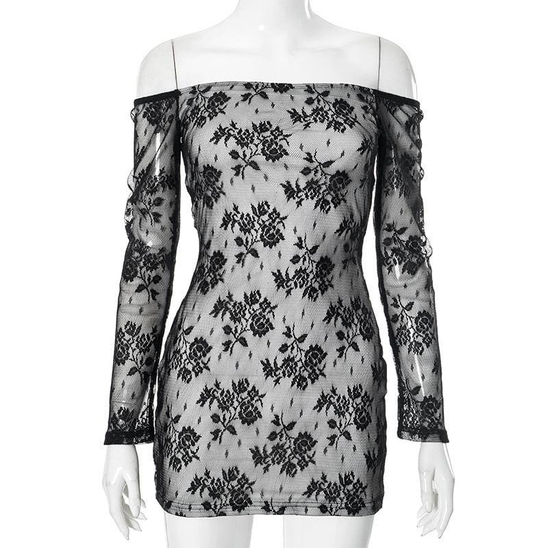 Long-Sleeve Off-Shoulder Lace Mini Bodycon Dress Product Image
