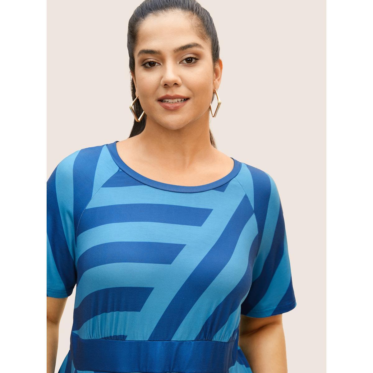 Plus Size Round Neck Striped Raglan Sleeve Dress Teal Women Casual Round Neck Short sleeve Curvy BloomChic 30/6X Product Image