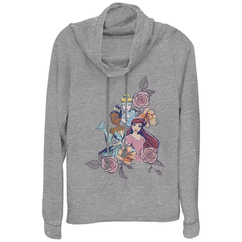 Disney Princesses Cinderella, Tiana & Ariel Floral Motif Women's Cowlneck Graphic Lightweight Long Sleeve, Girl's, Size: Small, Gray Grey Product Image