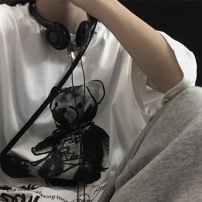 Oversized Lettering Teddy Bear Elbow-Sleeve T-Shirt Product Image