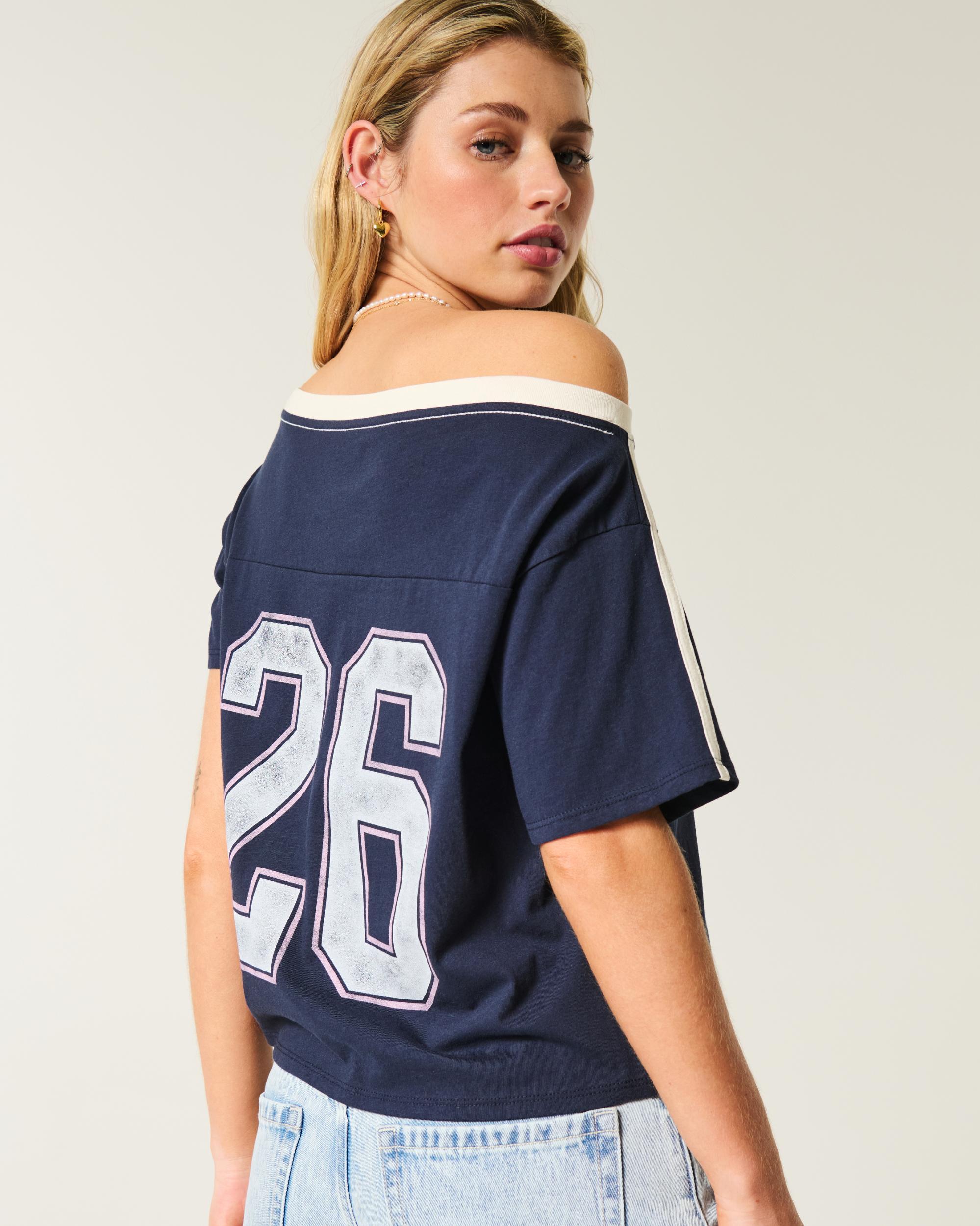 Oversized Off-the-Shoulder Varsity Floral Graphic Tee Product Image
