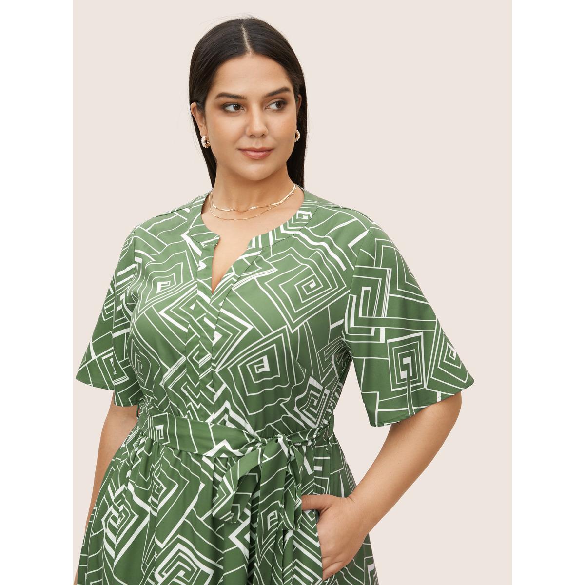 Plus Size Geometric Flat Collar With V Notch Ruffle Sleeve Belted Dress Mint Women At the Office Belted Flat collar with V-notch Short sleeve Curvy Midi Dress BloomChic 18-20/2X Product Image