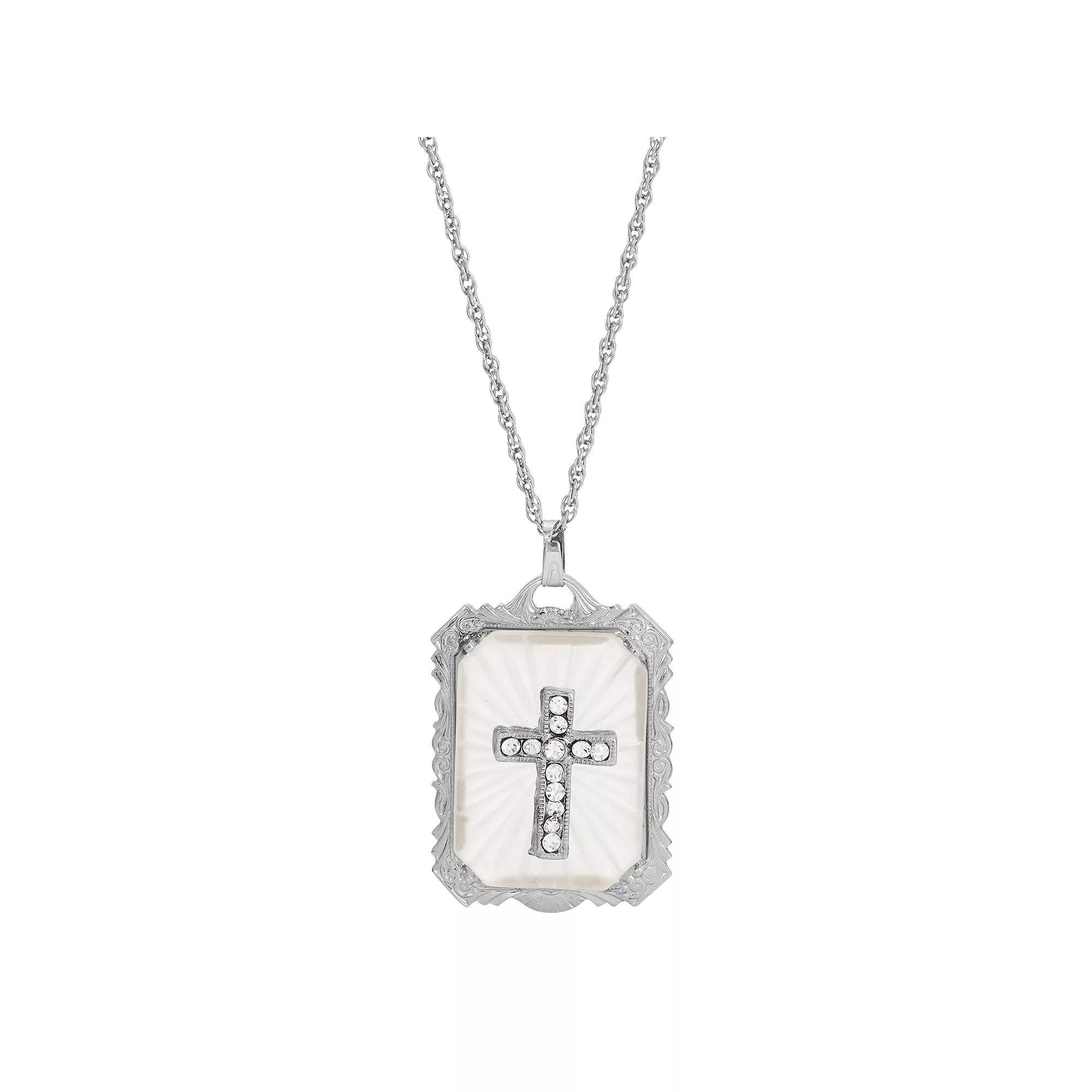 Symbols of Faith Silver-Tone Frosted Stone with Crystal Cross Large Pendant Necklace, Womens, White Product Image