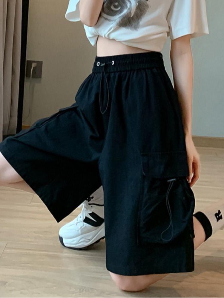 High Waist Plain Wide Leg Cargo Shorts Product Image