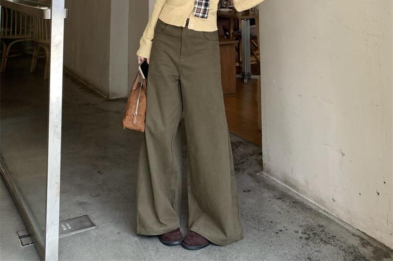 Mock Two-Piece Long-Sleeve Tie-Neck Plaid Panel Button Knit Top / Mid Waist Wide Leg Pants Product Image