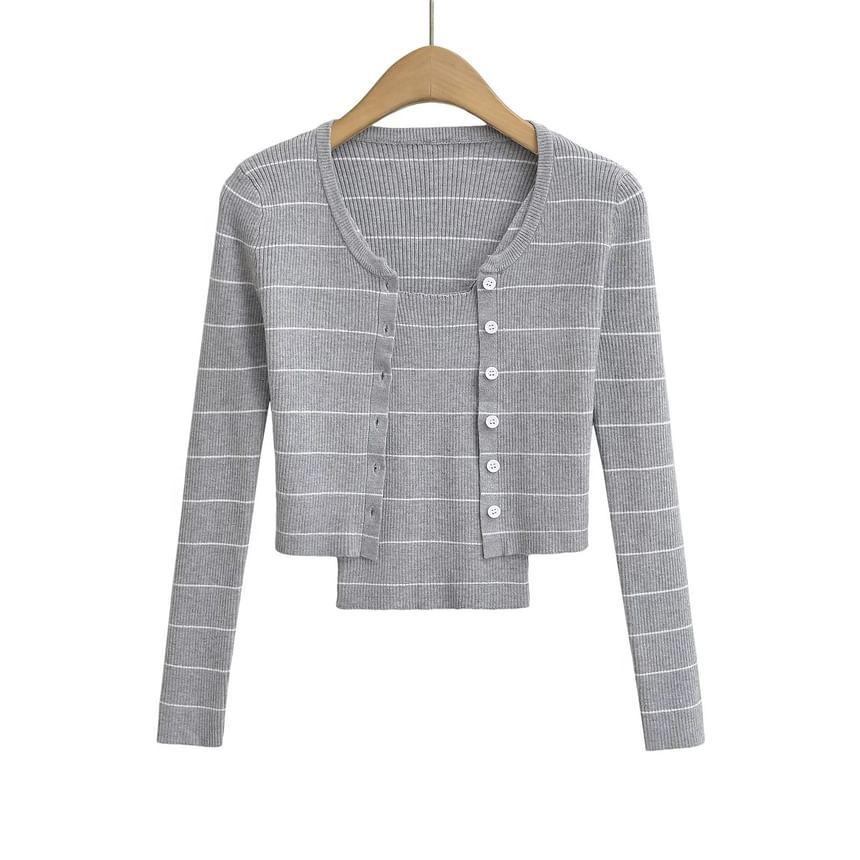 Set: Striped Button-Up Crop Cardigan + Cami Top Product Image