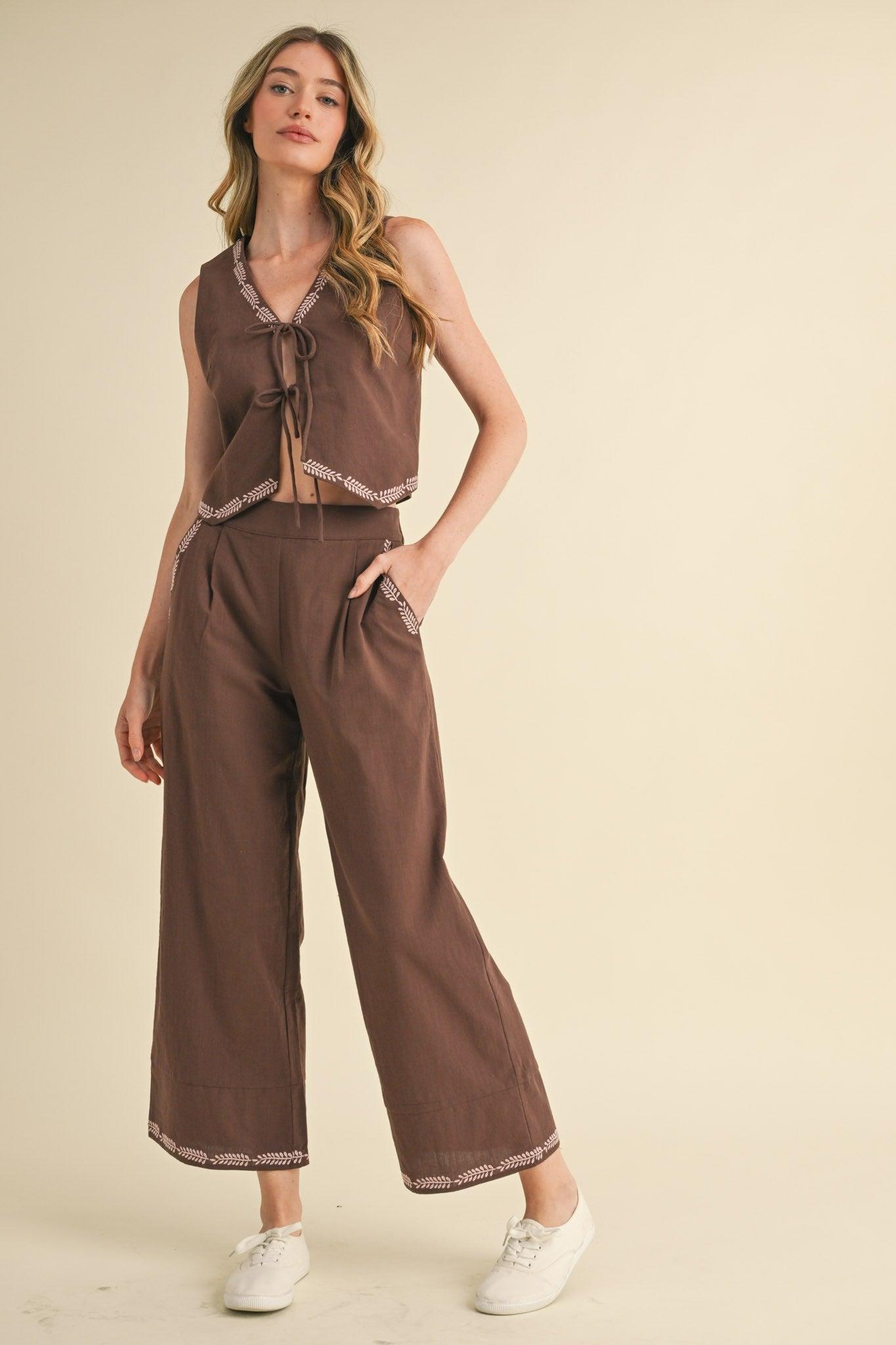 Embroidered Vest and Wide Leg Pants Set Product Image