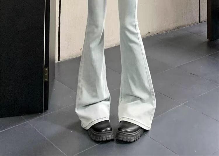 High Waist Washed Bow Lace Trim Flared Jeans Product Image