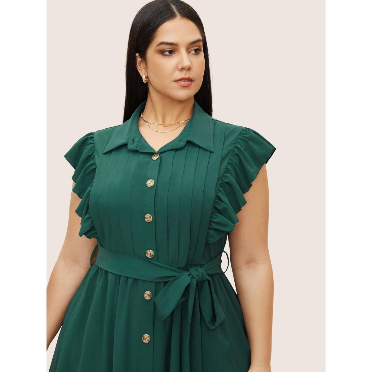 Plus Size Shirt Collar Solid Pleated Ruffle Cap Sleeve Dress DarkGreen Women At the Office Gathered Shirt collar Cap Sleeve Curvy Midi Dress BloomChic 30/6X Product Image