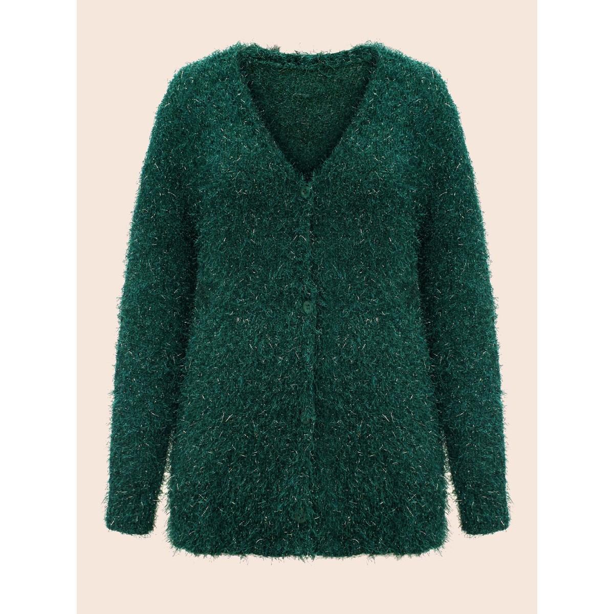 Plus Size Shimmery V-neck Button-Front Cardigan DarkGreen Women Cocktail Loose Long Sleeve Party Cardigans BloomChic 22-24/3X Product Image