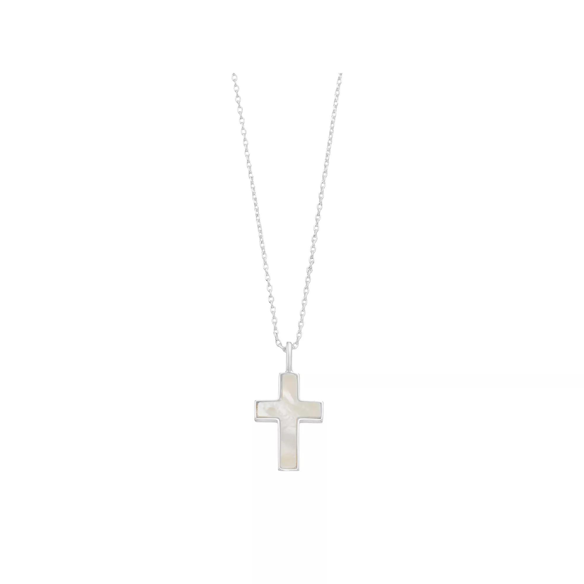 City Luxe Fine Silver Plated Mother-of-Pearl Cross Pendant Necklace, Women's, Silver Tone Product Image
