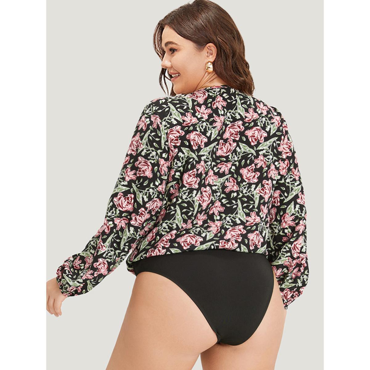 Plus Size Floral Print V Neck Elastic Waist Lantern Sleeve Bodysuit Women BlackFlower Natural Flowers Printed Bodysuits BloomChic 10/M Product Image