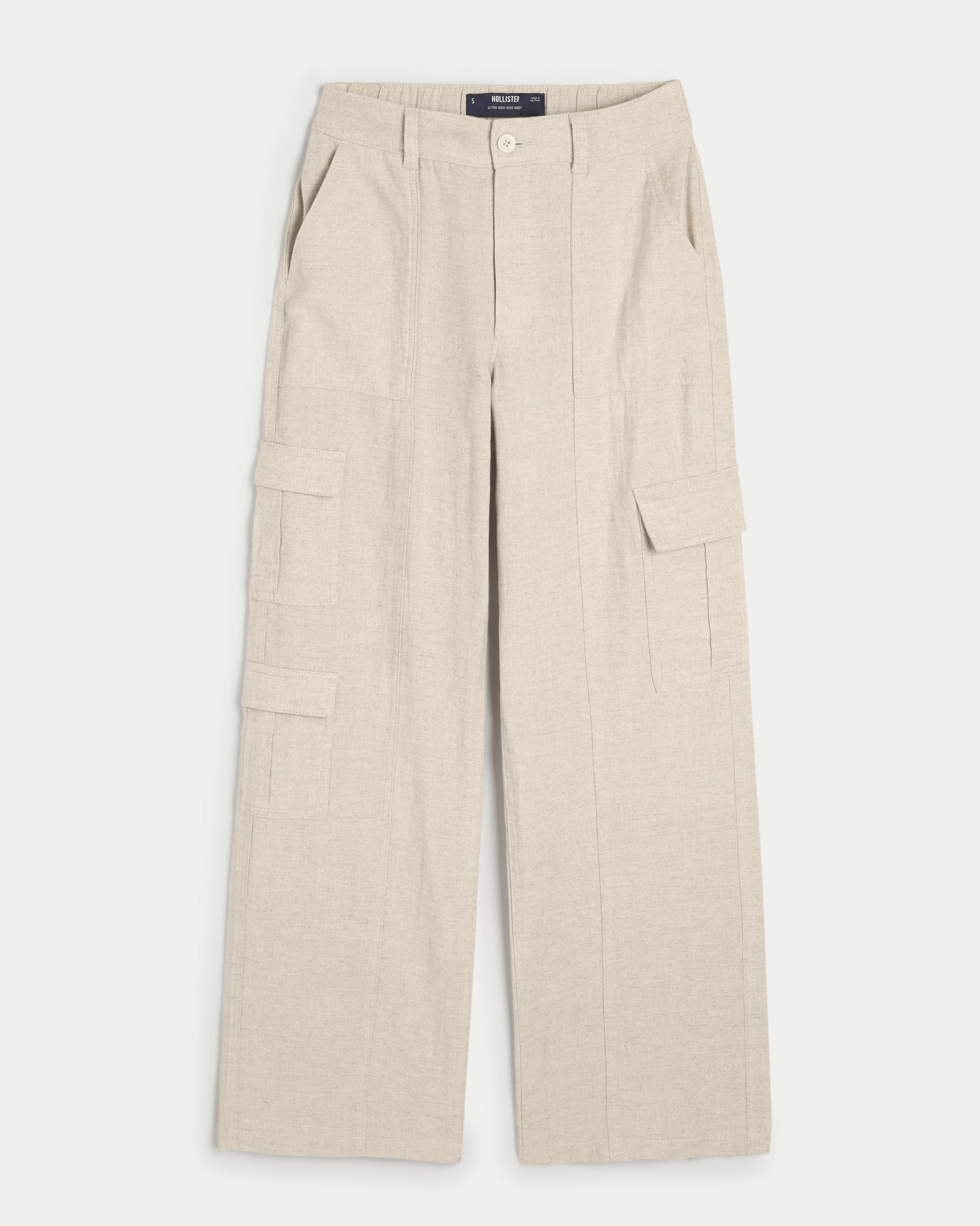 Ultra High-Rise Linen-Blend Baggy 3-Pocket Cargo Pants Product Image