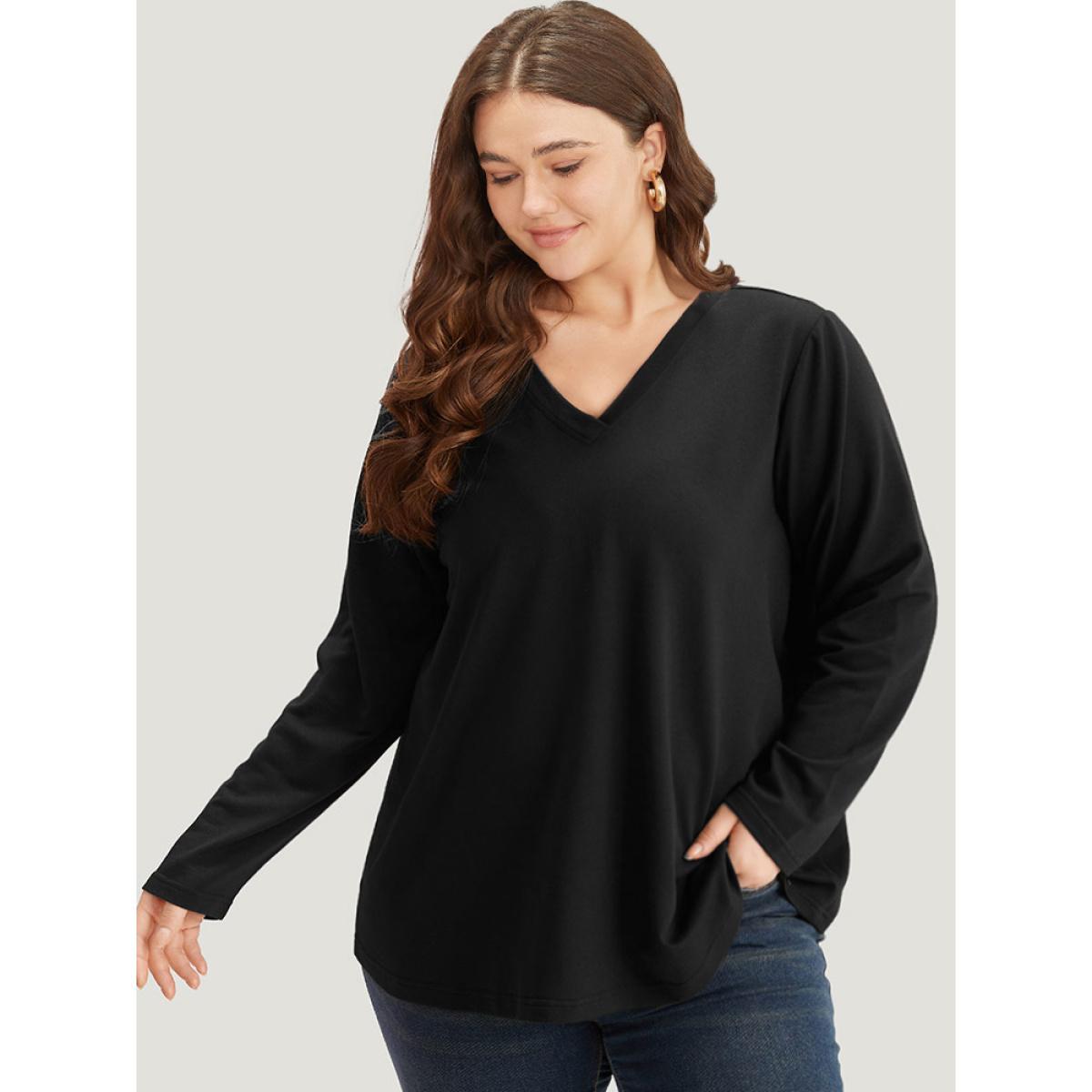 Plus Size Plain V Neck Back Half Zip Sweatshirt Women Black Casual Plain V-neck Dailywear Sweatshirts BloomChic 12/L Product Image