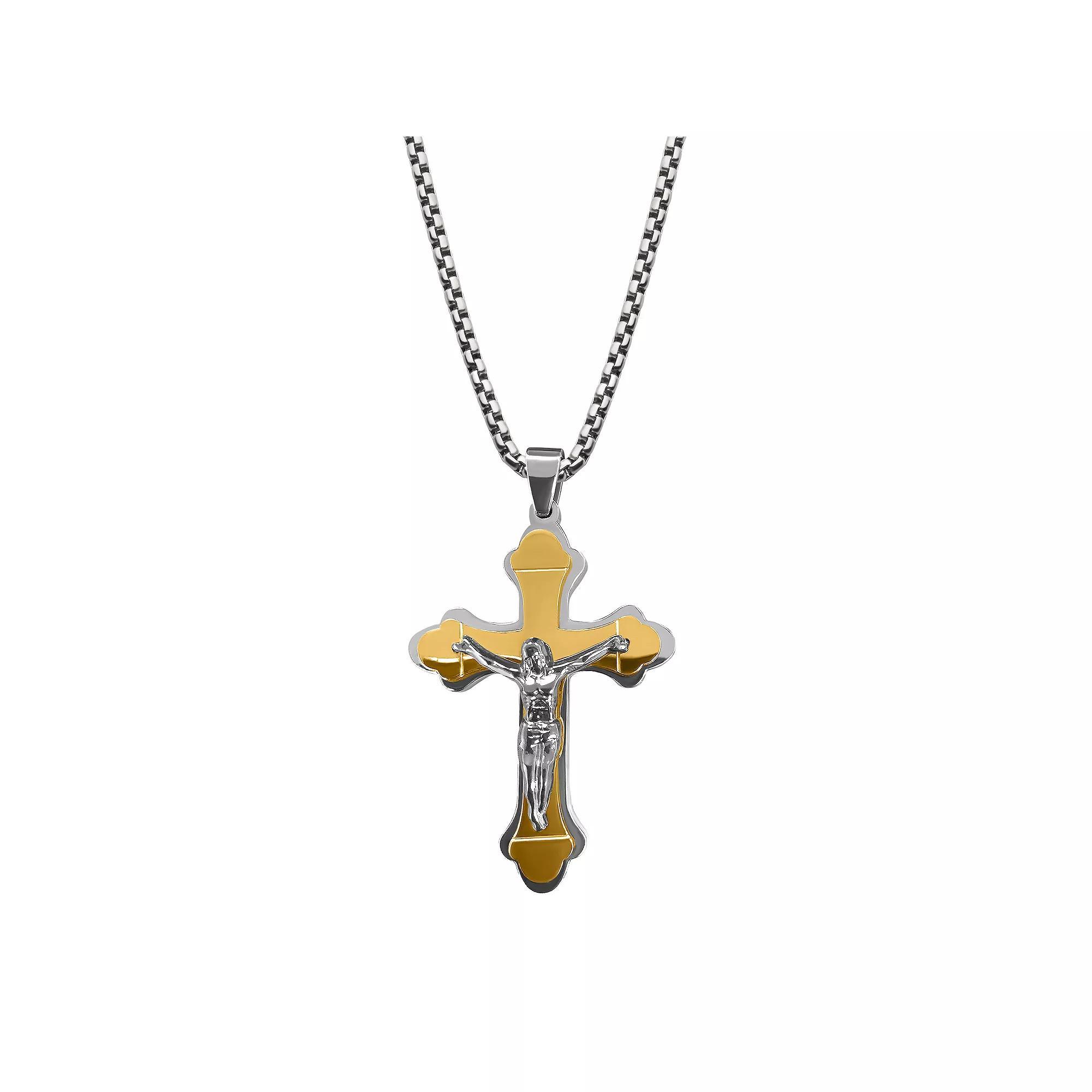 Men's Gold Tone Ion-Plated Stainless Steel Layered Jesus Cross Pendant Necklace, Size: 22" Product Image