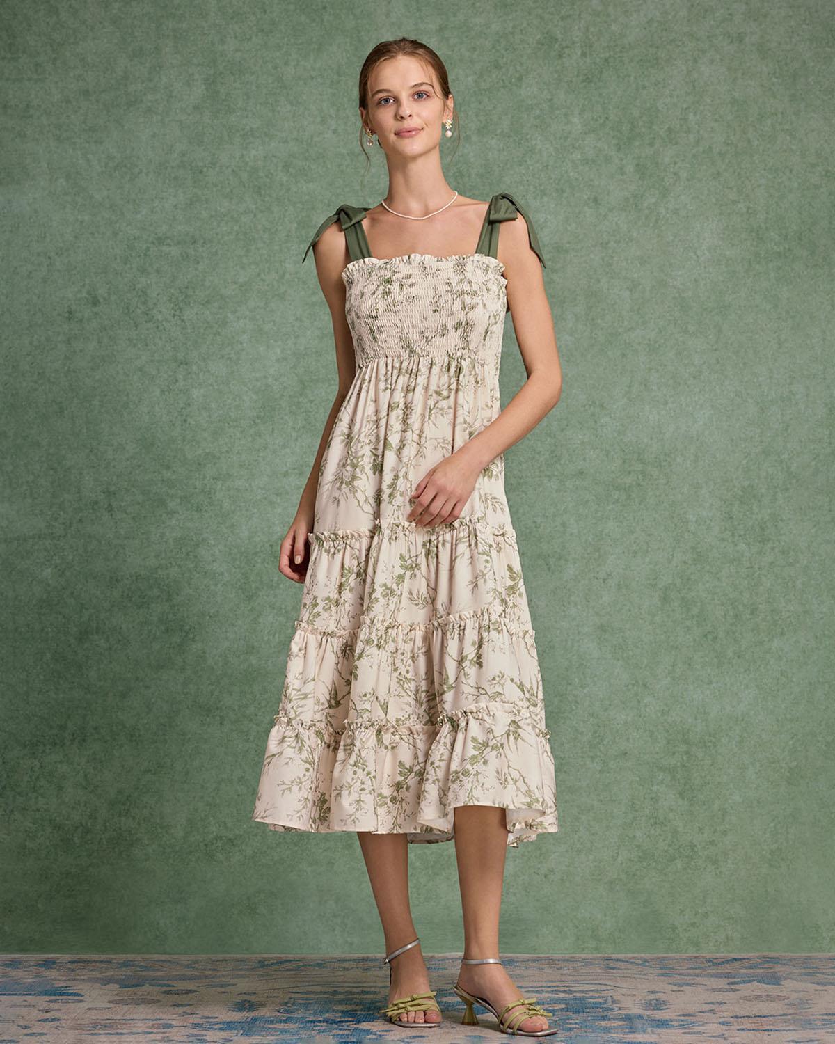 Green Floral Tie Strap Midi Dress Product Image