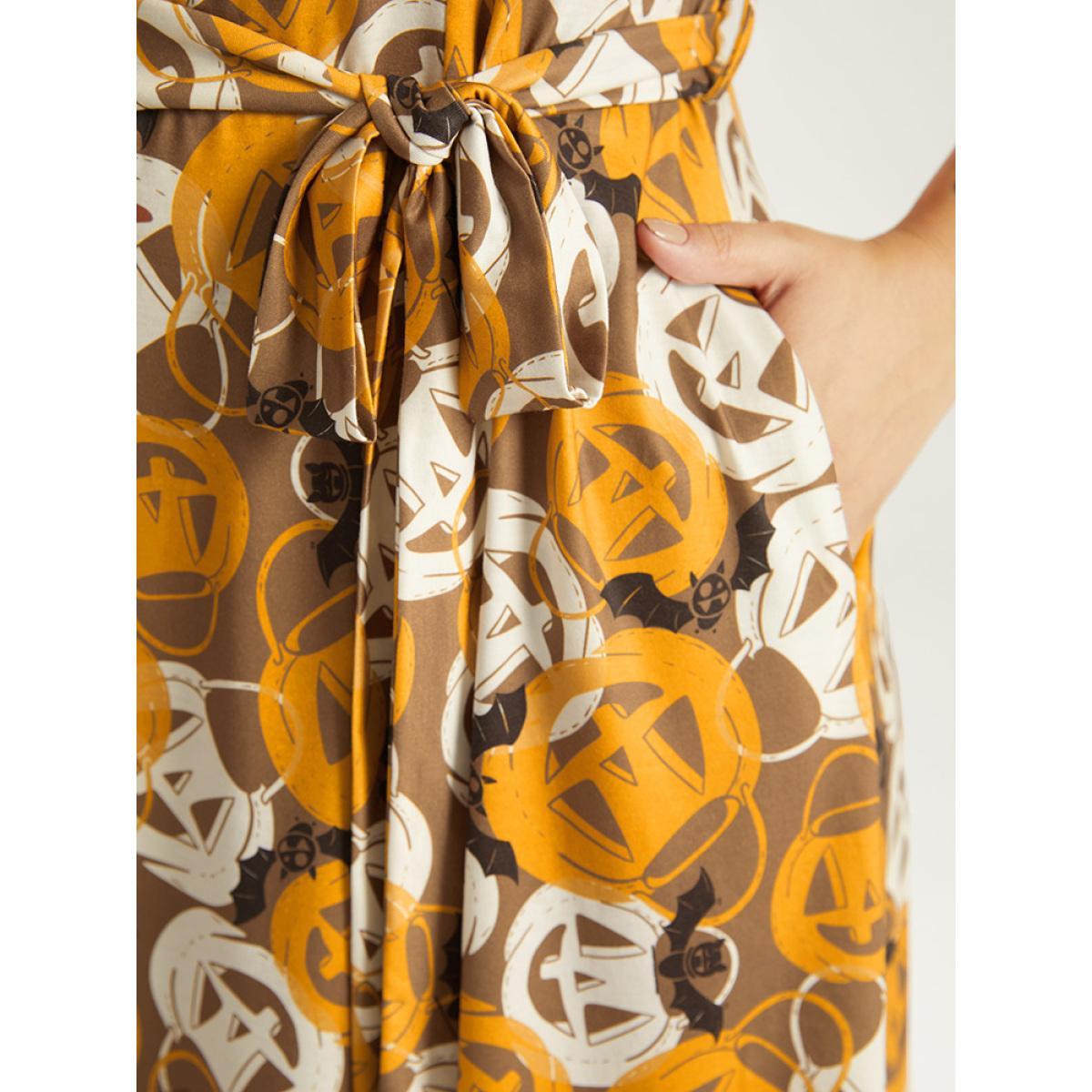 Plus Size Halloween Print Crew Neck Pocket Belted Dress Orange Women Elegant Belted Round Neck Short sleeve Curvy Midi Dress BloomChic 28/5X Product Image
