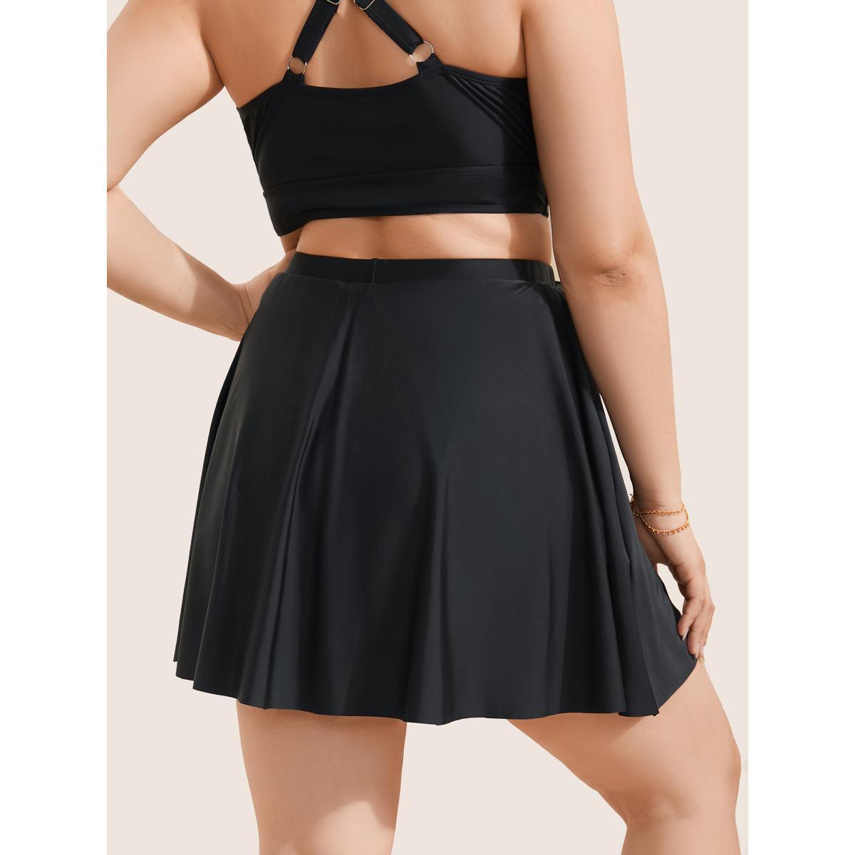 Plus Size Solid Pocket Ruffles Swim Skirt Women's Swimwear Black Beach Non High stretch Bodycon High Rise Slanted pocket Curve Swim Bottoms BloomChic 12/L Product Image